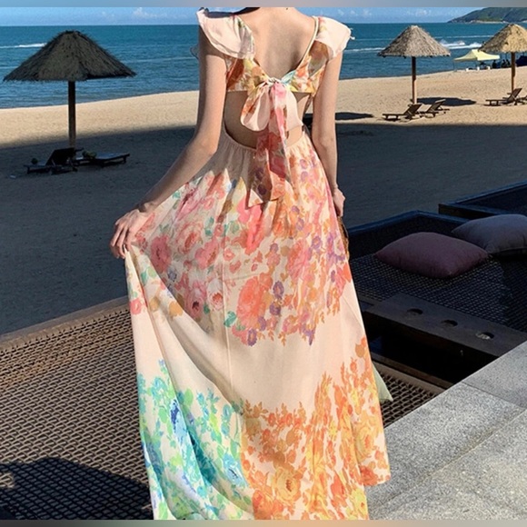 Ivory Floral Halter Style Backless Maxi Dress A43 - Picture 8 of 11